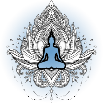 line art buddha sitting in a lotus with blue radiating out