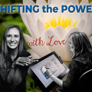 Shifting the Power with Love banner with Anneke Lucas and Christina Merkley against the background of a white lotus