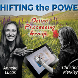 Online Processing Group for Shifting the Power Banner with Anneke Lucas and Christina Merkley on her drawing tablet working on a visual map. Against a field of wildflower, poppies and purple strife.